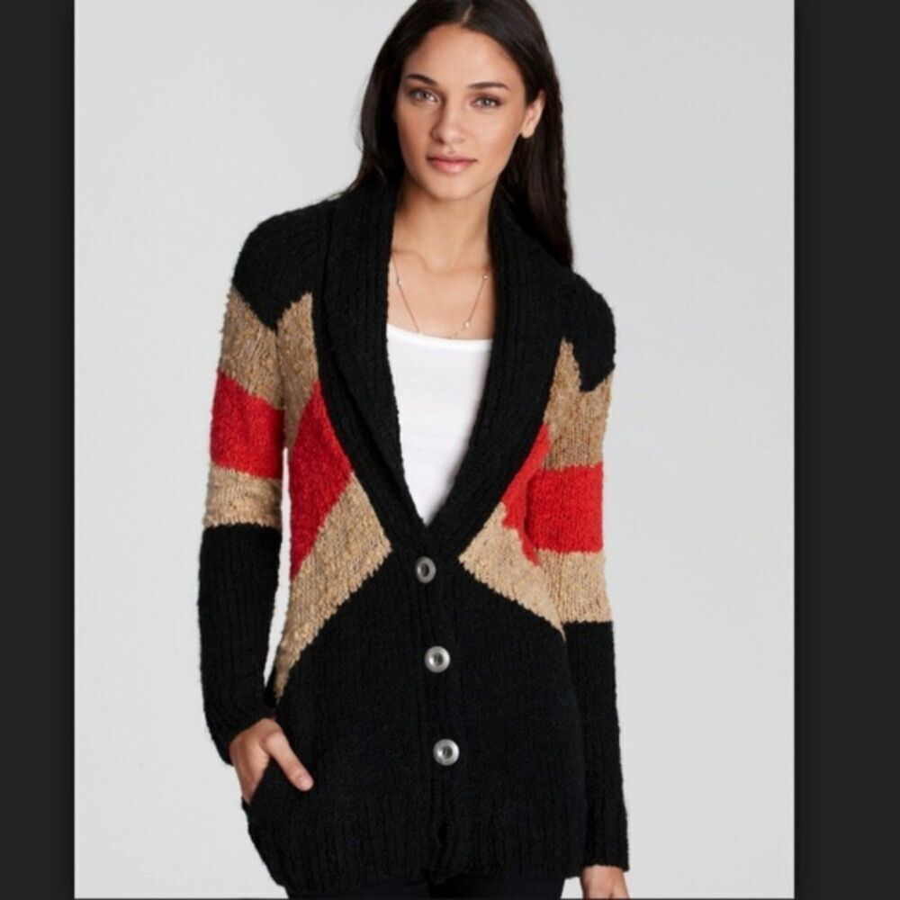 Free People Rocket High Boyfriend Black Red Wool Blend Cardigan Sweater Large